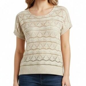 Carducci Womens Knit Top Gold Metallic Chevron Short Sleeve Sweater Beige Large